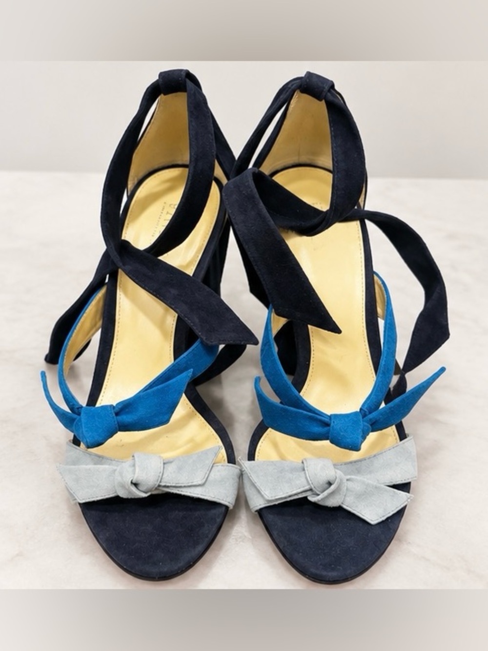 Alexandre Birman Tri Color Suede Tie-Ankle Sandals with Blue and Light blue Bow